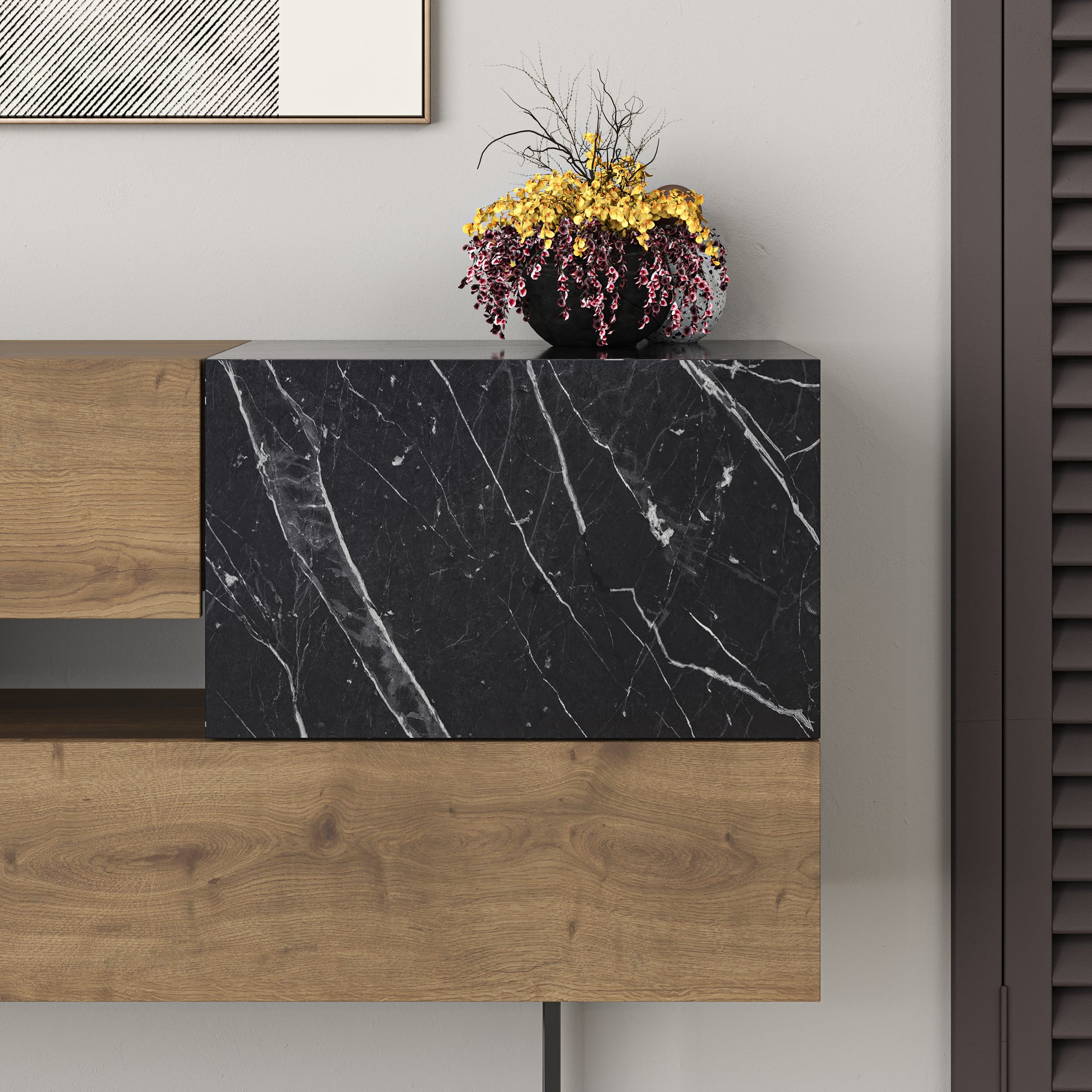 Modern dark oak sideboard with black marble effect doors and drawers, perfect for living room, dining room or hallway storage