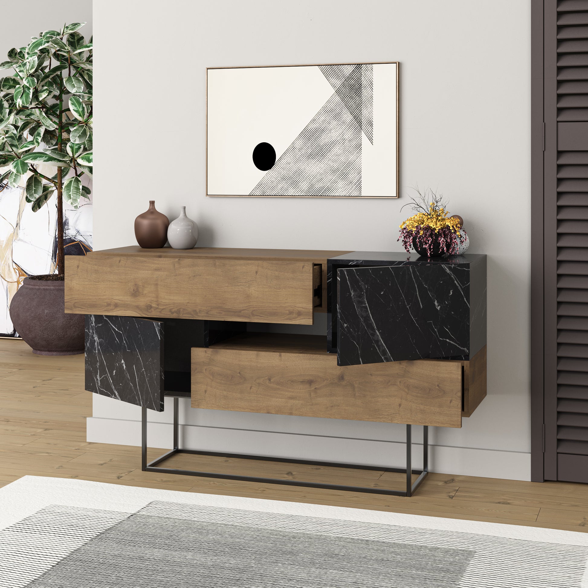 Modern dark oak sideboard with black marble effect doors and drawers, perfect for living room, dining room or hallway storage