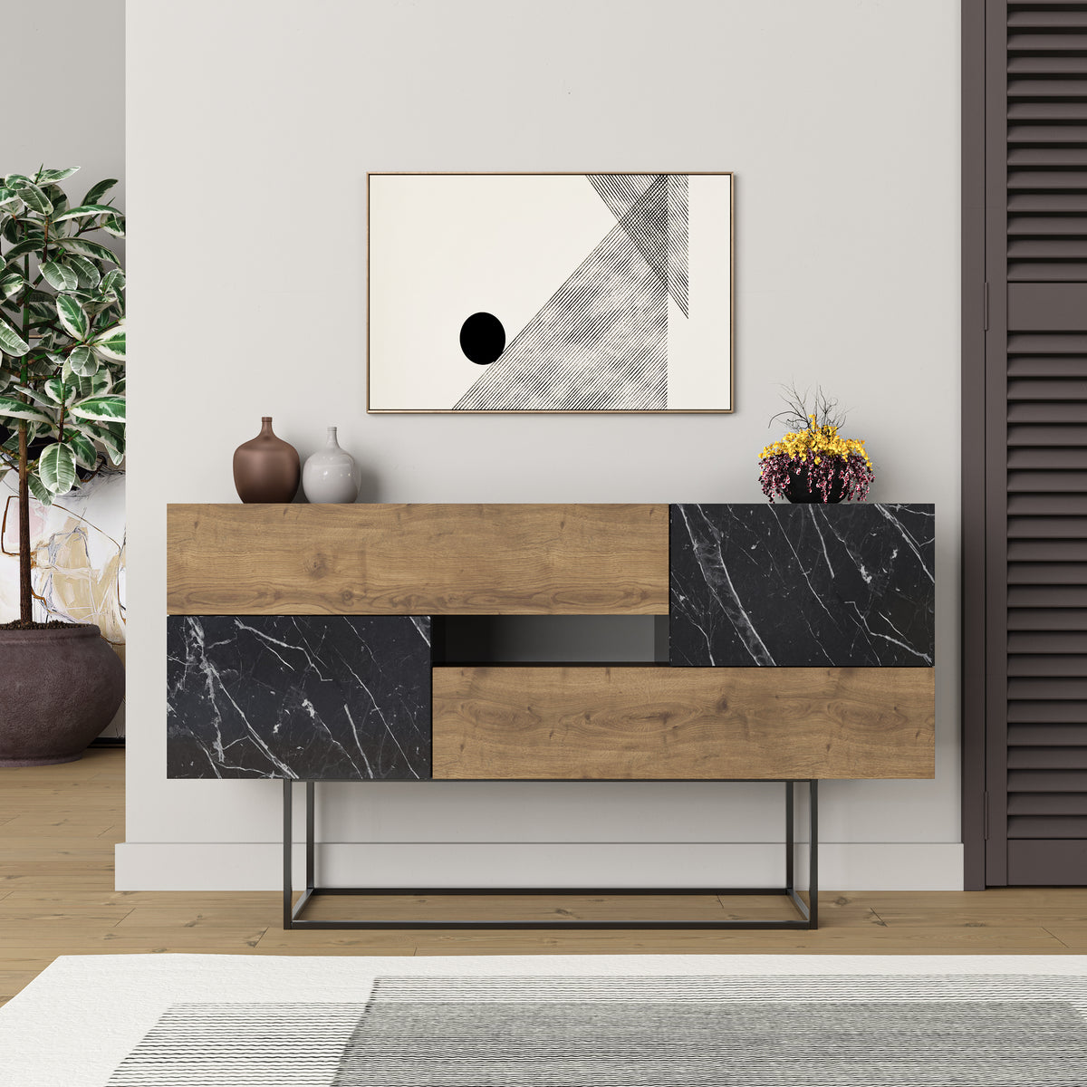 Modern dark oak sideboard with black marble effect doors and drawers, perfect for living room, dining room or hallway storage