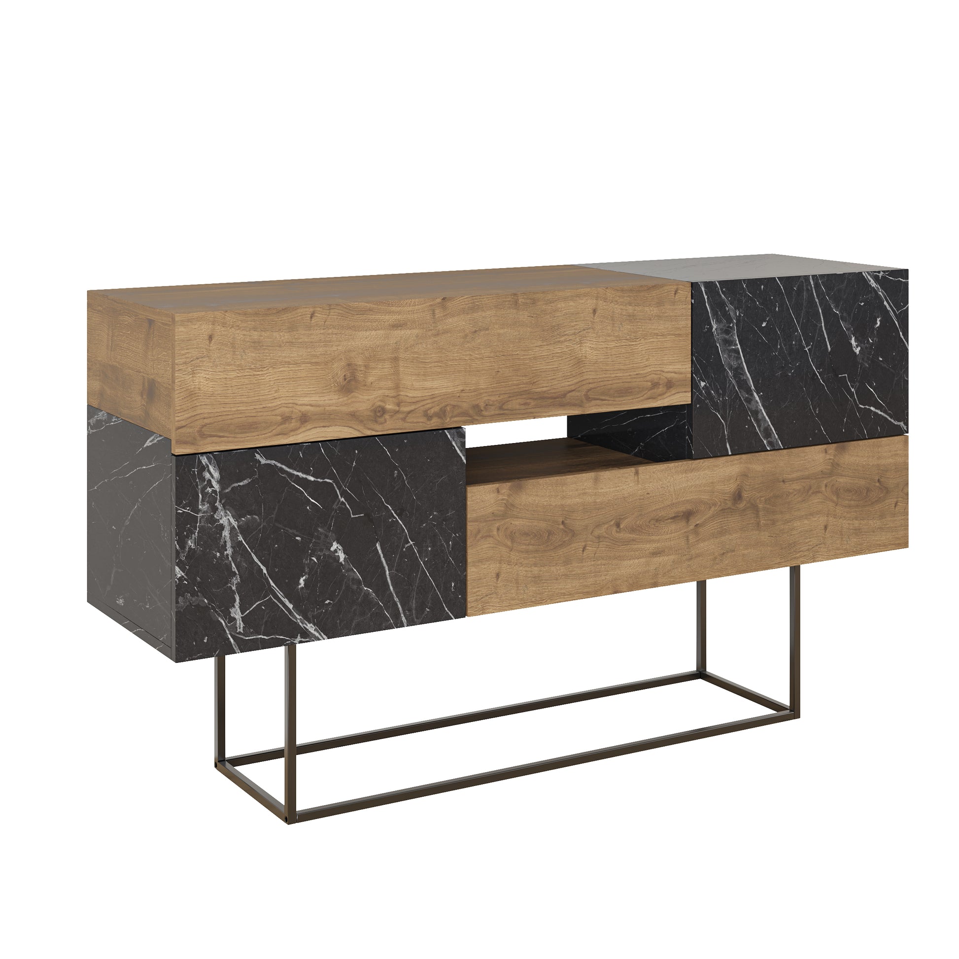 Modern dark oak sideboard with black marble effect doors and drawers, perfect for living room, dining room or hallway storage