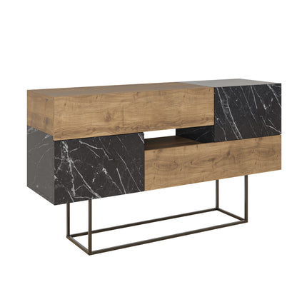 Modern dark oak sideboard with black marble effect doors and drawers, perfect for living room, dining room or hallway storage