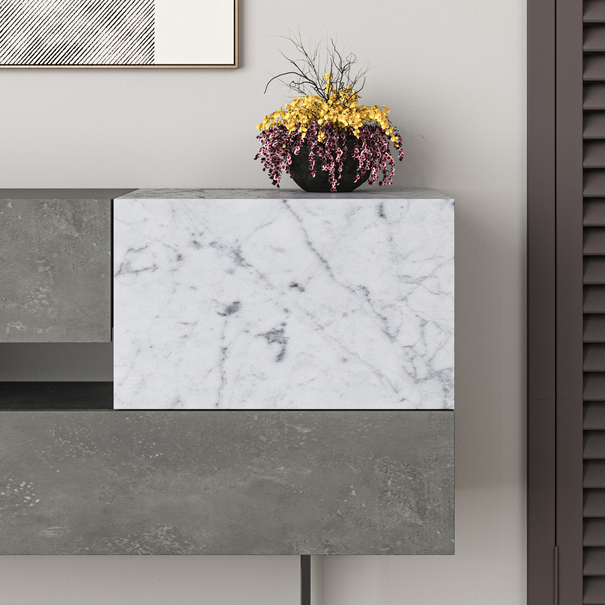 Modern retro grey sideboard with white marble effect doors and drawers, perfect for living room, dining room or hallway storage