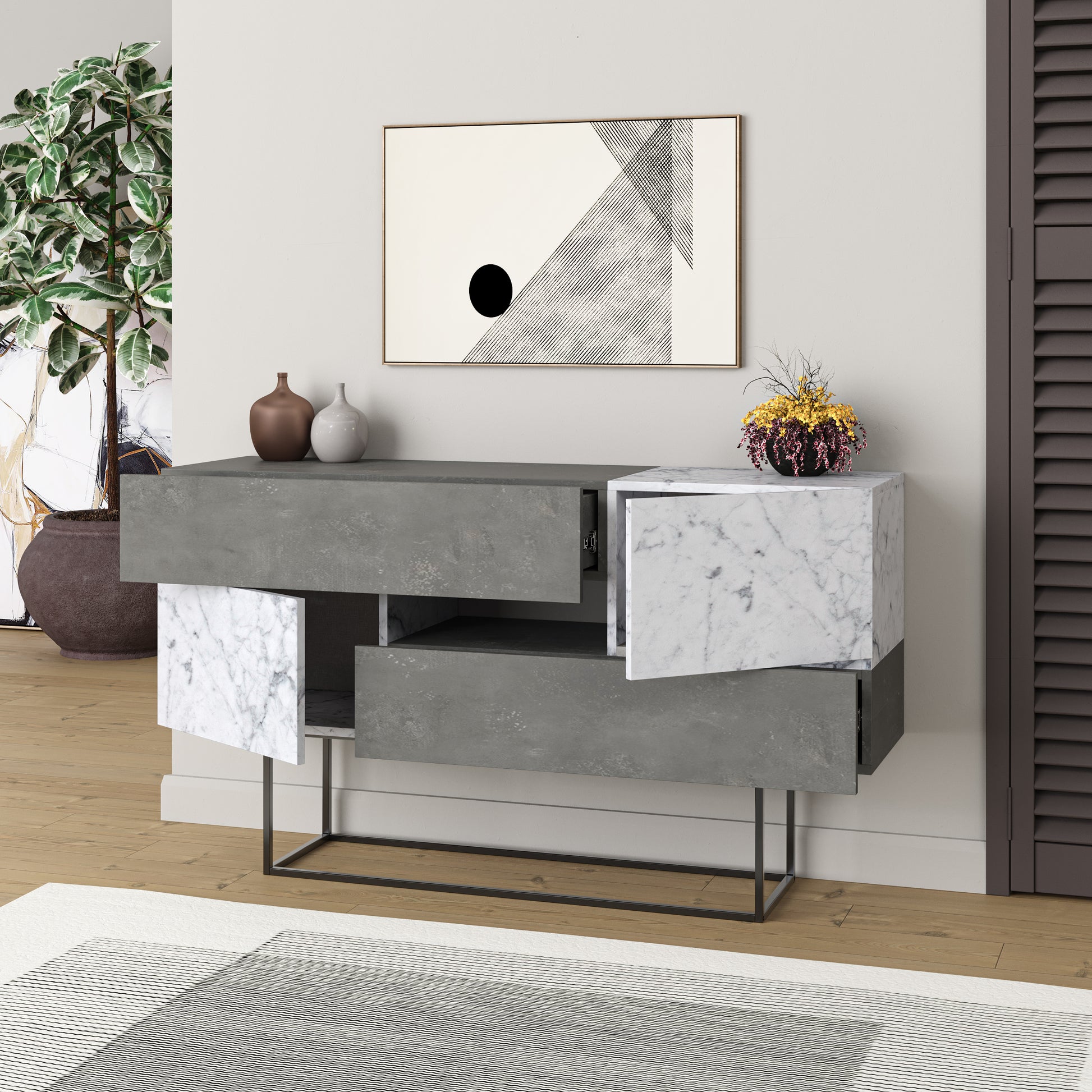 Modern retro grey sideboard with white marble effect doors and drawers, perfect for living room, dining room or hallway storage