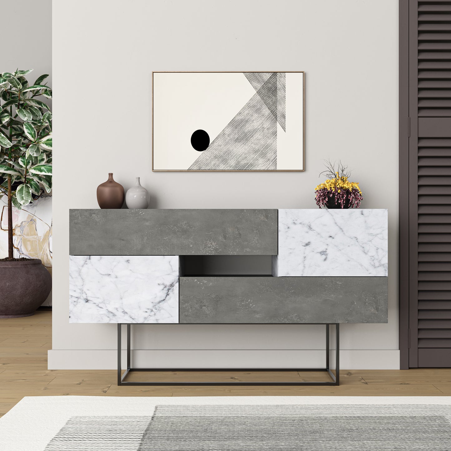 Modern retro grey sideboard with white marble effect doors and drawers, perfect for living room, dining room or hallway storage
