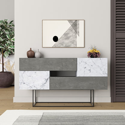 Modern retro grey sideboard with white marble effect doors and drawers, perfect for living room, dining room or hallway storage