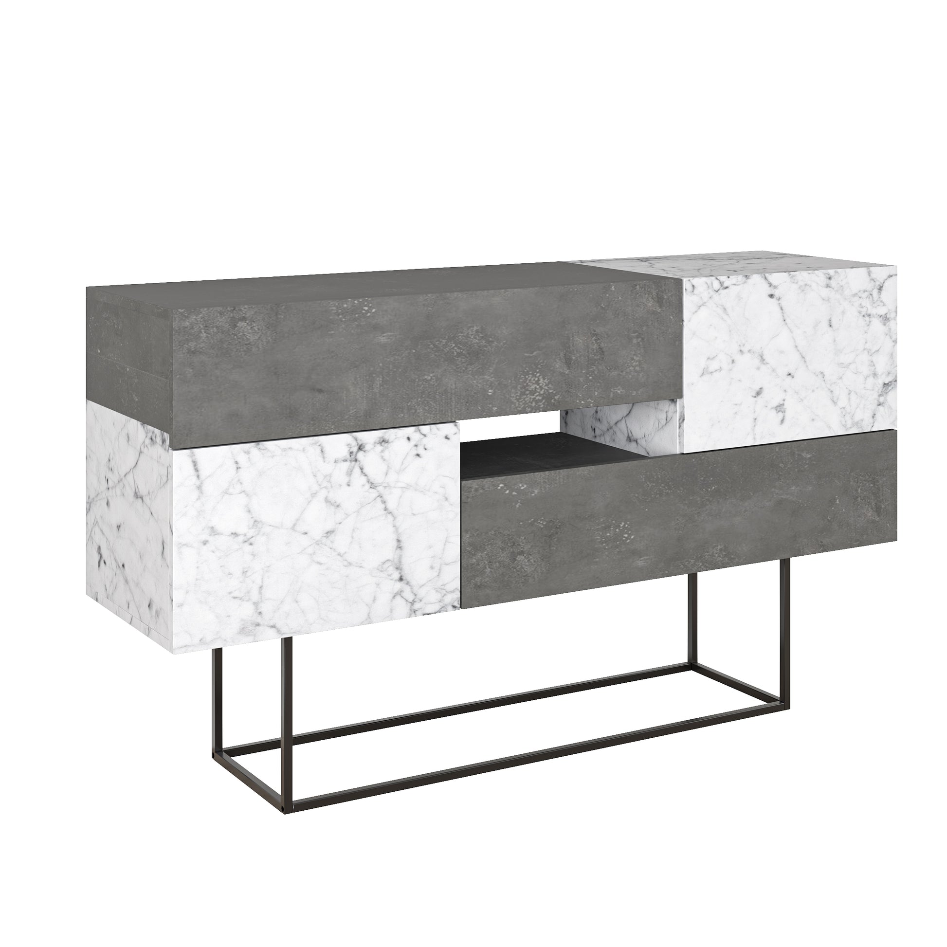 Modern retro grey sideboard with white marble effect doors and drawers, perfect for living room, dining room or hallway storage