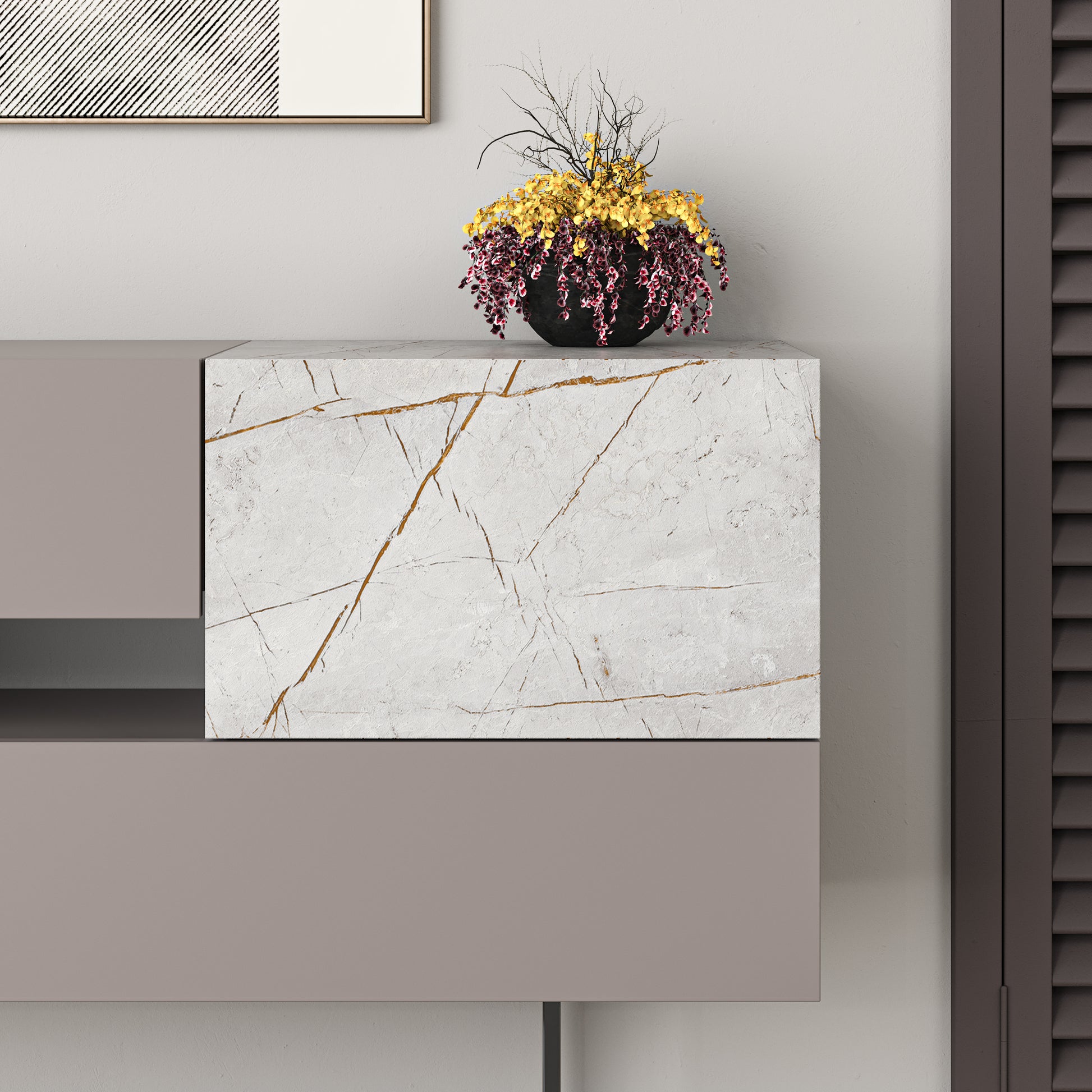 Modern light mocha sideboard with grey marble effect doors and drawers, perfect for living room, dining room or hallway storage
