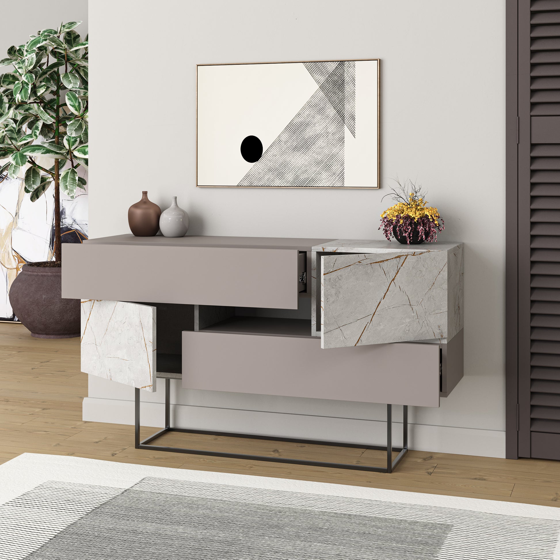 Modern light mocha sideboard with grey marble effect doors and drawers, perfect for living room, dining room or hallway storage