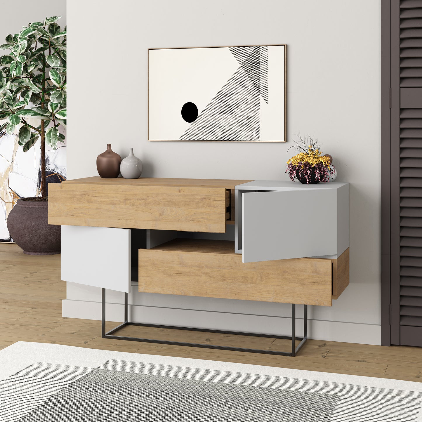Modern oak sideboard with white doors and drawers, perfect for living room, dining room or hallway storage