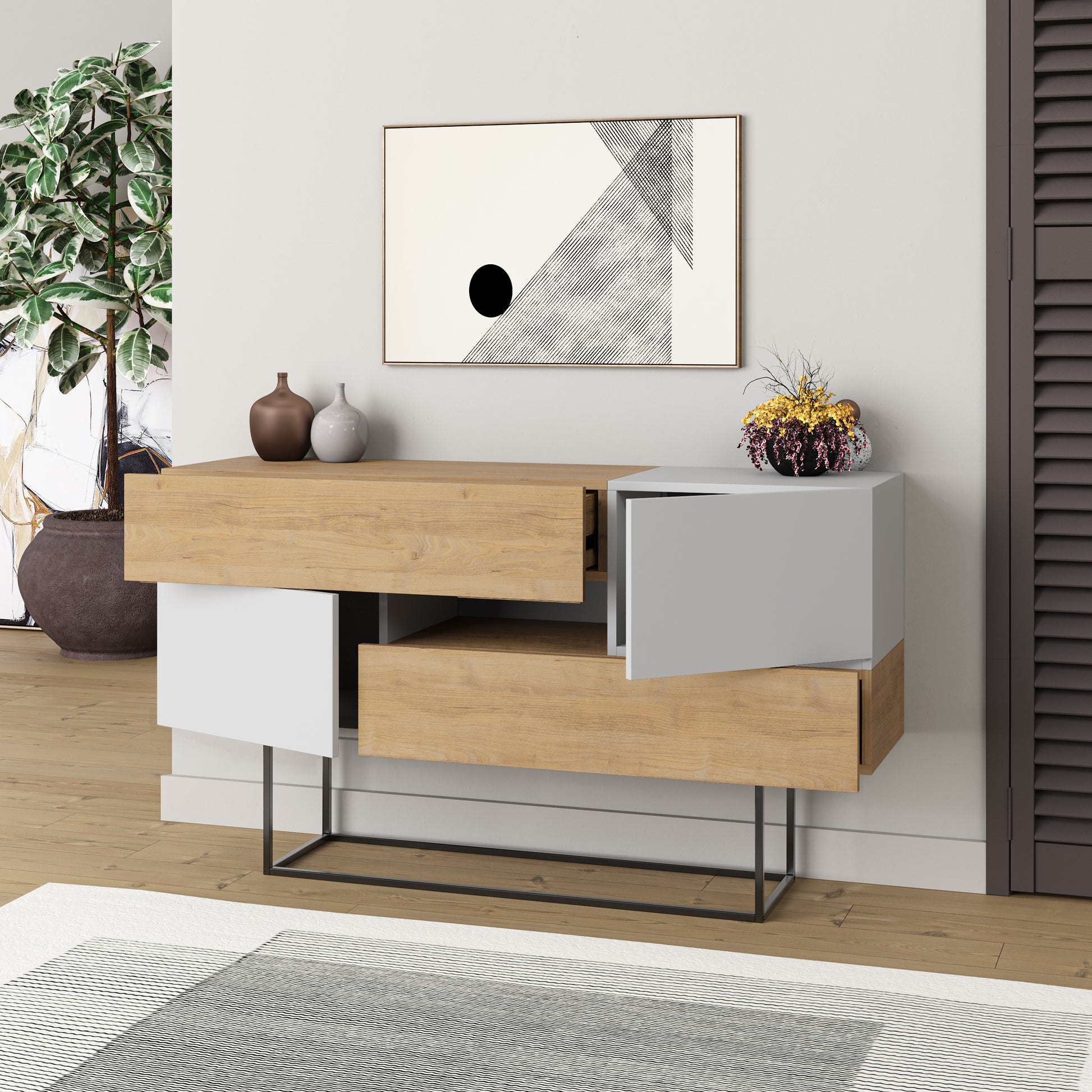 Modern oak sideboard with white doors and drawers, perfect for living room, dining room or hallway storage