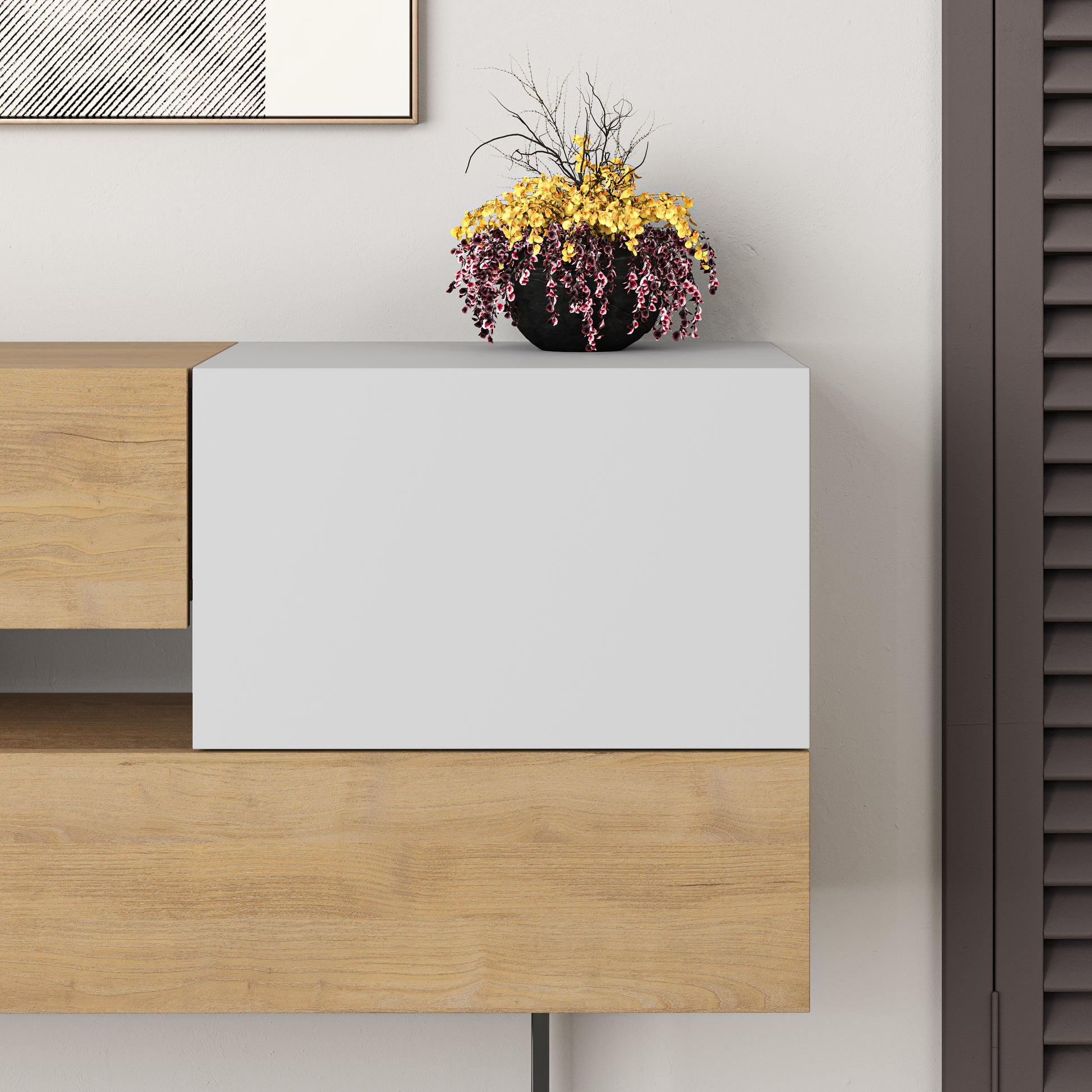 Modern oak sideboard with white doors and drawers, perfect for living room, dining room or hallway storage