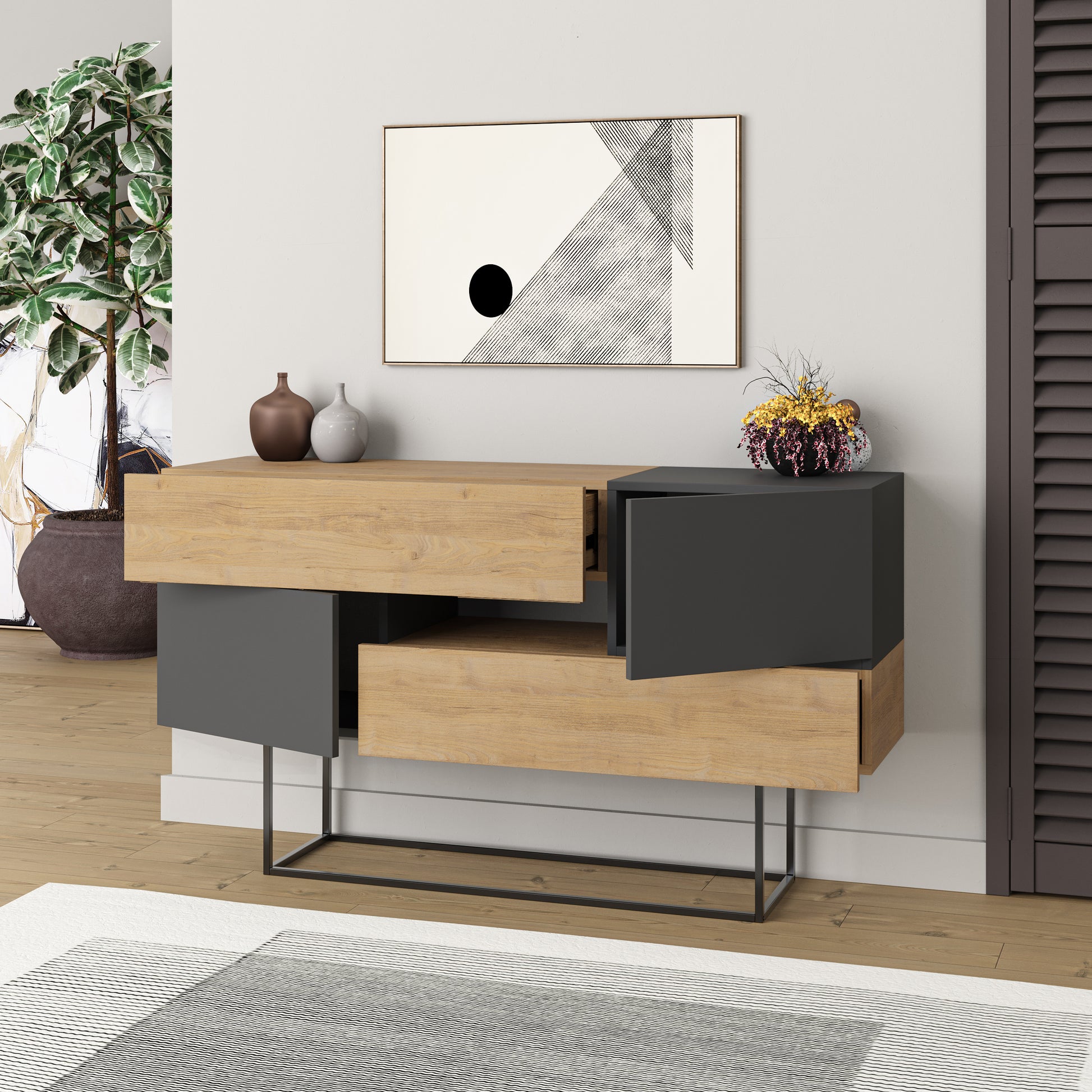 Modern oak sideboard with anthracite doors and drawers, perfect for living room, dining room or hallway storage
