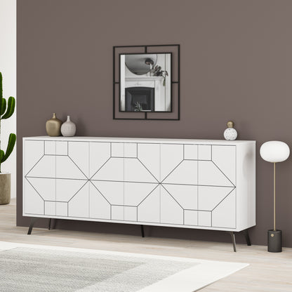 Modern sideboard cabinet with metal legs and geometric doors, ideal for stylish storage in living or dining rooms