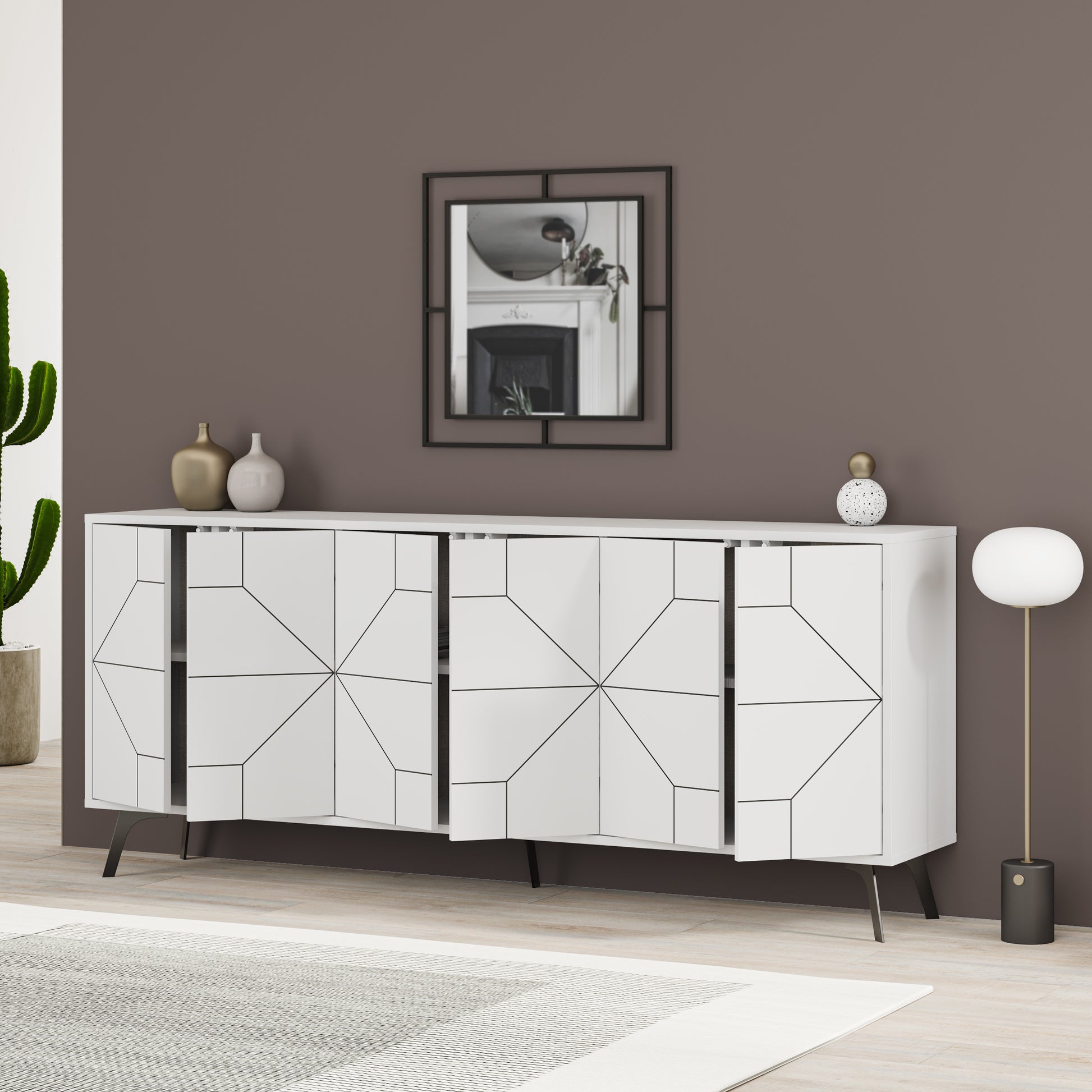 Modern sideboard cabinet with metal legs and geometric doors, ideal for stylish storage in living or dining rooms