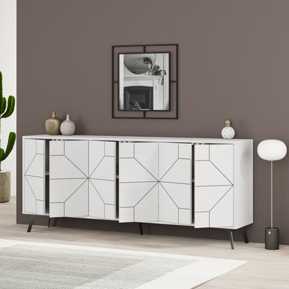 Modern sideboard cabinet with metal legs and geometric doors, ideal for stylish storage in living or dining rooms