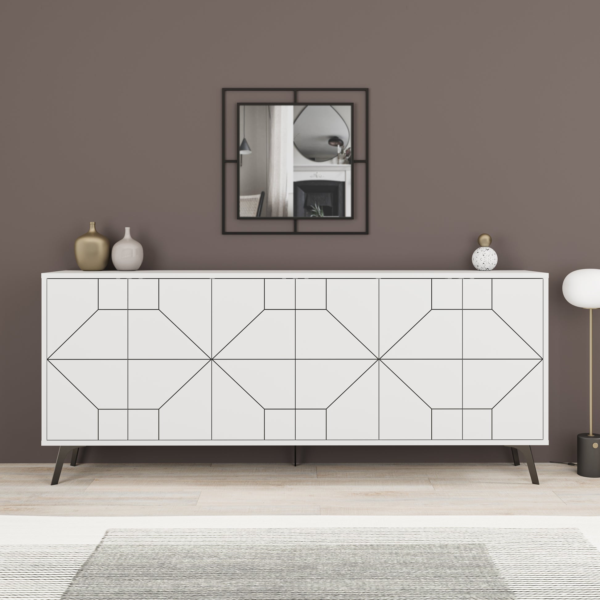 Modern sideboard cabinet with metal legs and geometric doors, ideal for stylish storage in living or dining rooms