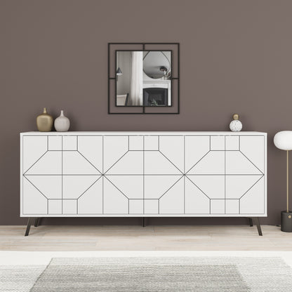 Modern sideboard cabinet with metal legs and geometric doors, ideal for stylish storage in living or dining rooms