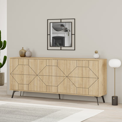Modern sideboard cabinet with metal legs and geometric doors, ideal for stylish storage in living or dining rooms