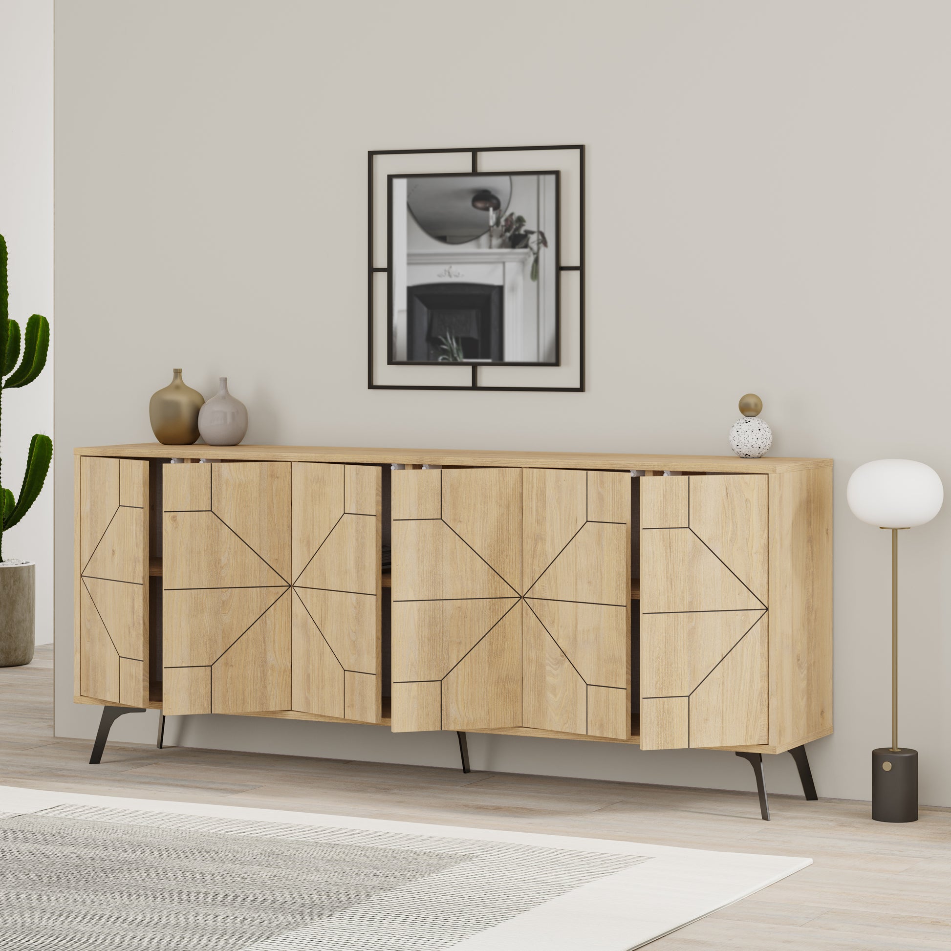 Modern sideboard cabinet with metal legs and geometric doors, ideal for stylish storage in living or dining rooms