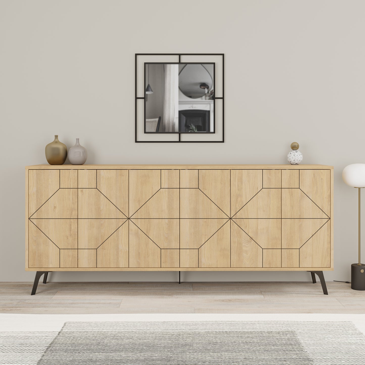Modern sideboard cabinet with metal legs and geometric doors, ideal for stylish storage in living or dining rooms