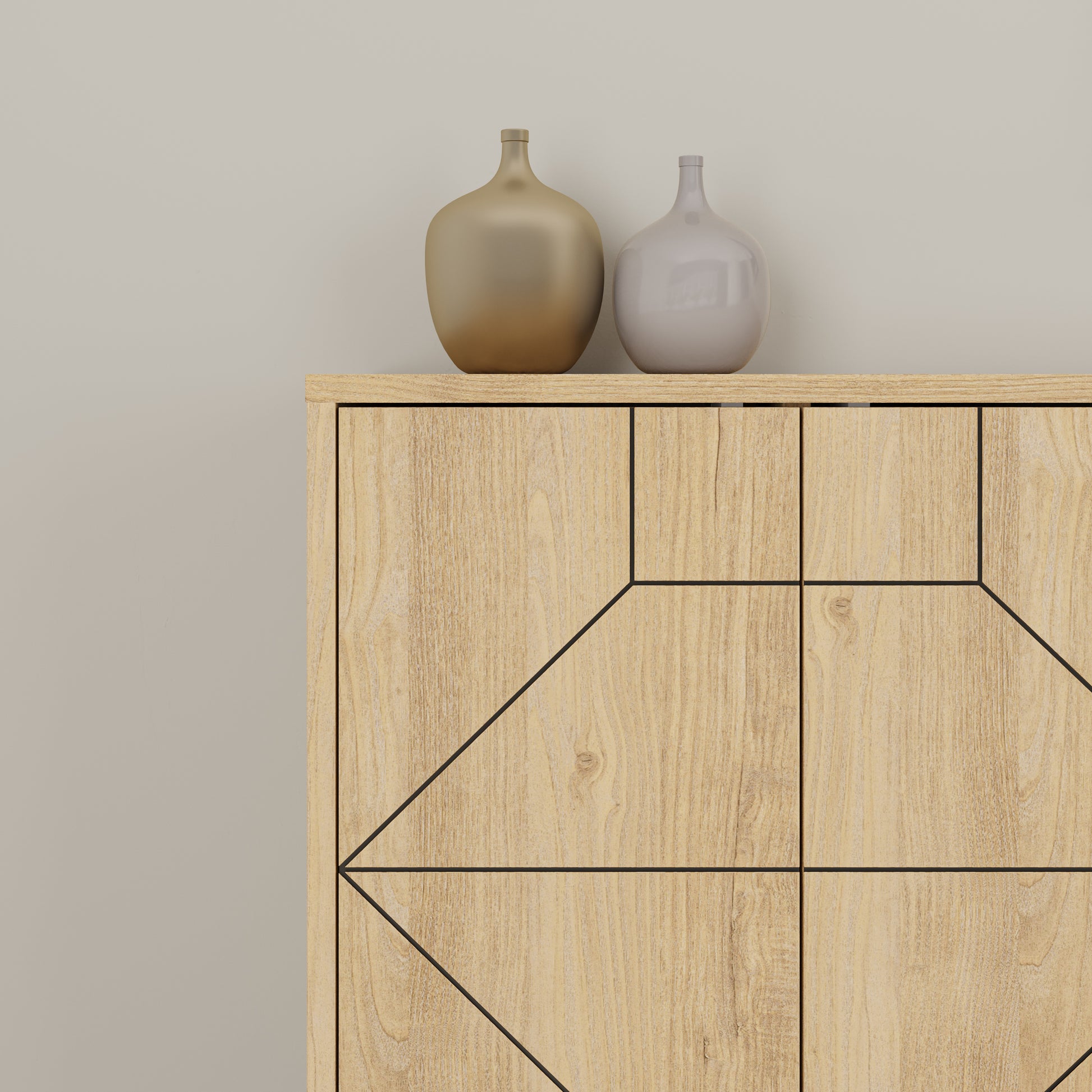 Modern sideboard cabinet with metal legs and geometric doors, ideal for stylish storage in living or dining rooms