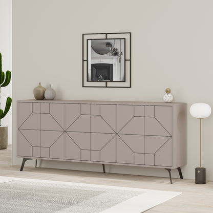 Modern sideboard cabinet with metal legs and geometric doors, ideal for stylish storage in living or dining rooms
