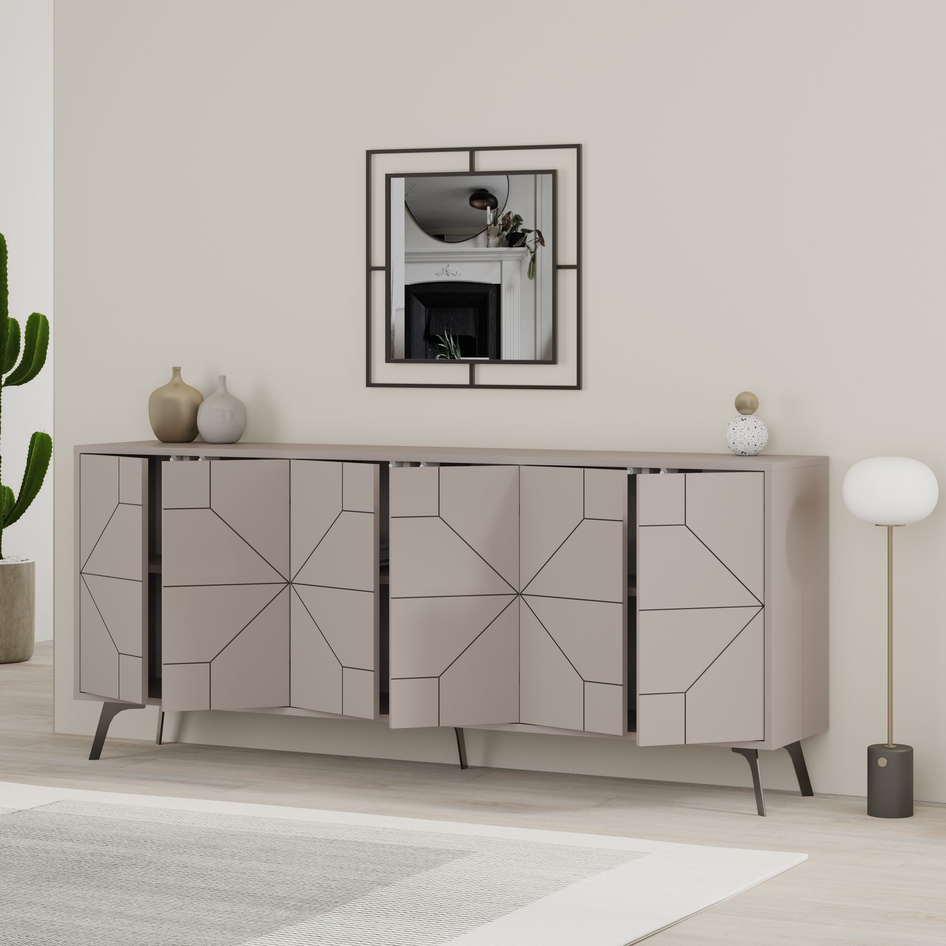 Modern sideboard cabinet with metal legs and geometric doors, ideal for stylish storage in living or dining rooms