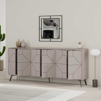 Modern sideboard cabinet with metal legs and geometric doors, ideal for stylish storage in living or dining rooms