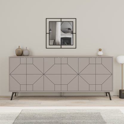 Modern sideboard cabinet with metal legs and geometric doors, ideal for stylish storage in living or dining rooms