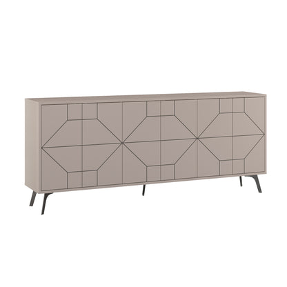 Modern sideboard cabinet with metal legs and geometric doors, ideal for stylish storage in living or dining rooms