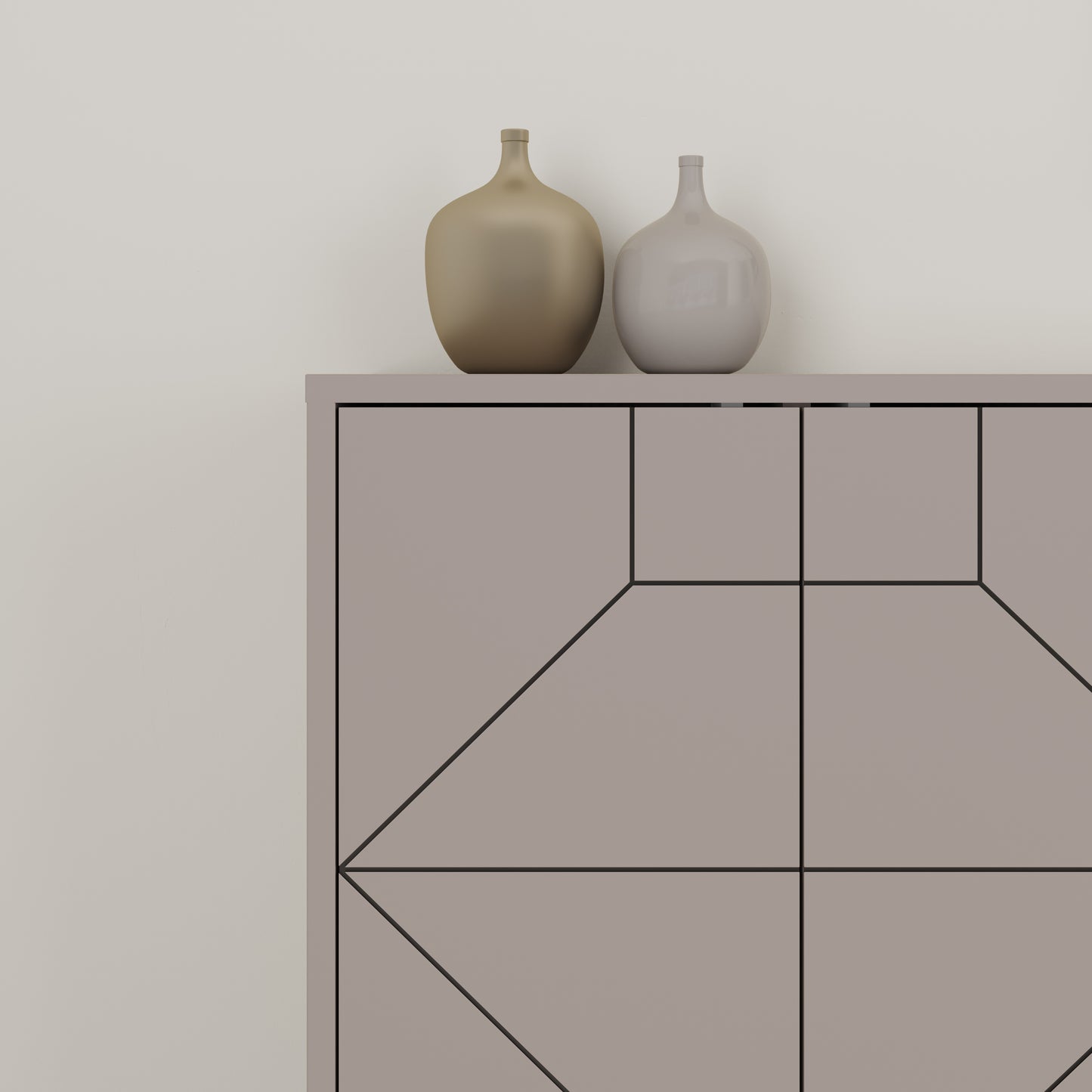 Modern sideboard cabinet with metal legs and geometric doors, ideal for stylish storage in living or dining rooms