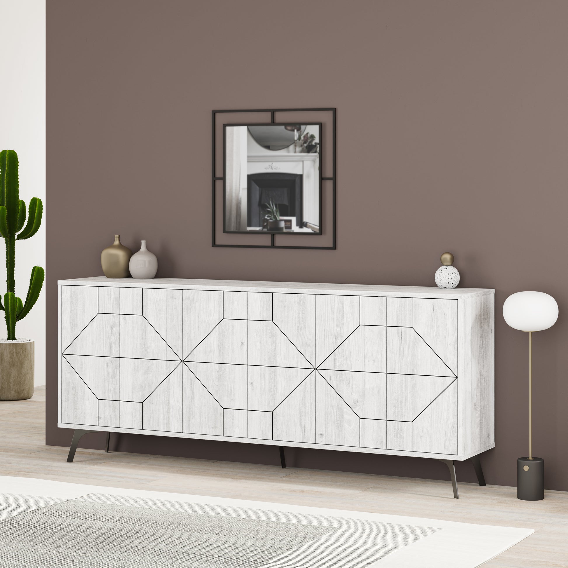 Modern sideboard cabinet with metal legs and geometric doors, ideal for stylish storage in living or dining rooms
