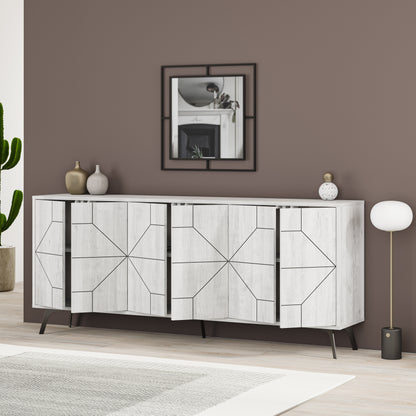 Modern sideboard cabinet with metal legs and geometric doors, ideal for stylish storage in living or dining rooms