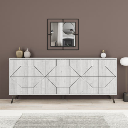 Modern sideboard cabinet with metal legs and geometric doors, ideal for stylish storage in living or dining rooms