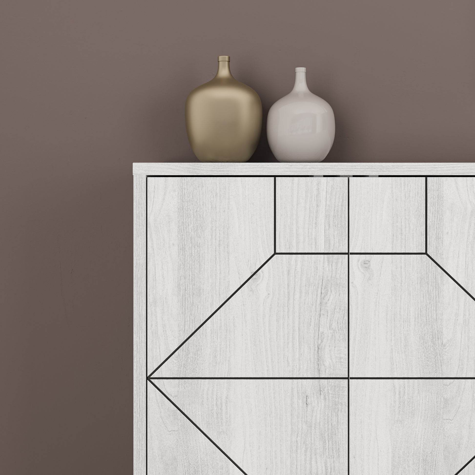 Modern sideboard cabinet with metal legs and geometric doors, ideal for stylish storage in living or dining rooms