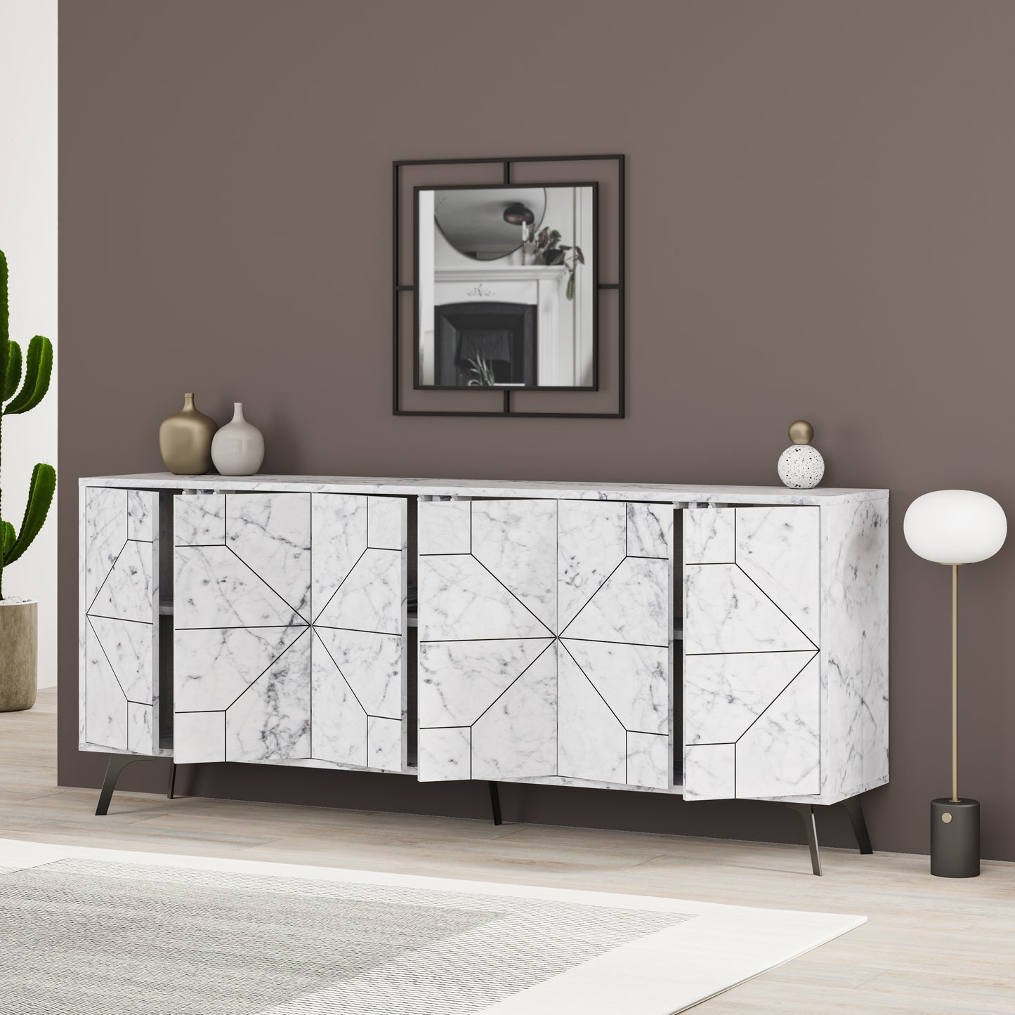 Modern sideboard cabinet with metal legs and geometric doors, ideal for stylish storage in living or dining rooms