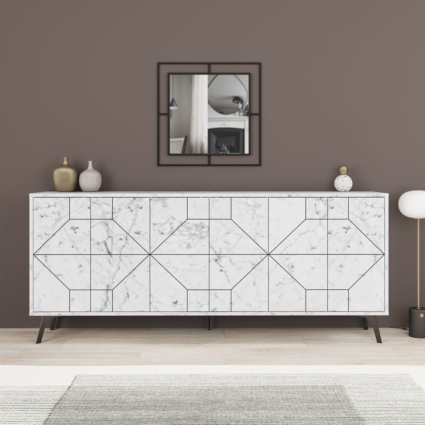 Modern sideboard cabinet with metal legs and geometric doors, ideal for stylish storage in living or dining rooms