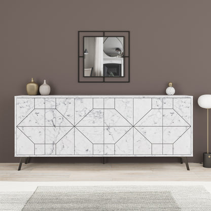 Modern sideboard cabinet with metal legs and geometric doors, ideal for stylish storage in living or dining rooms