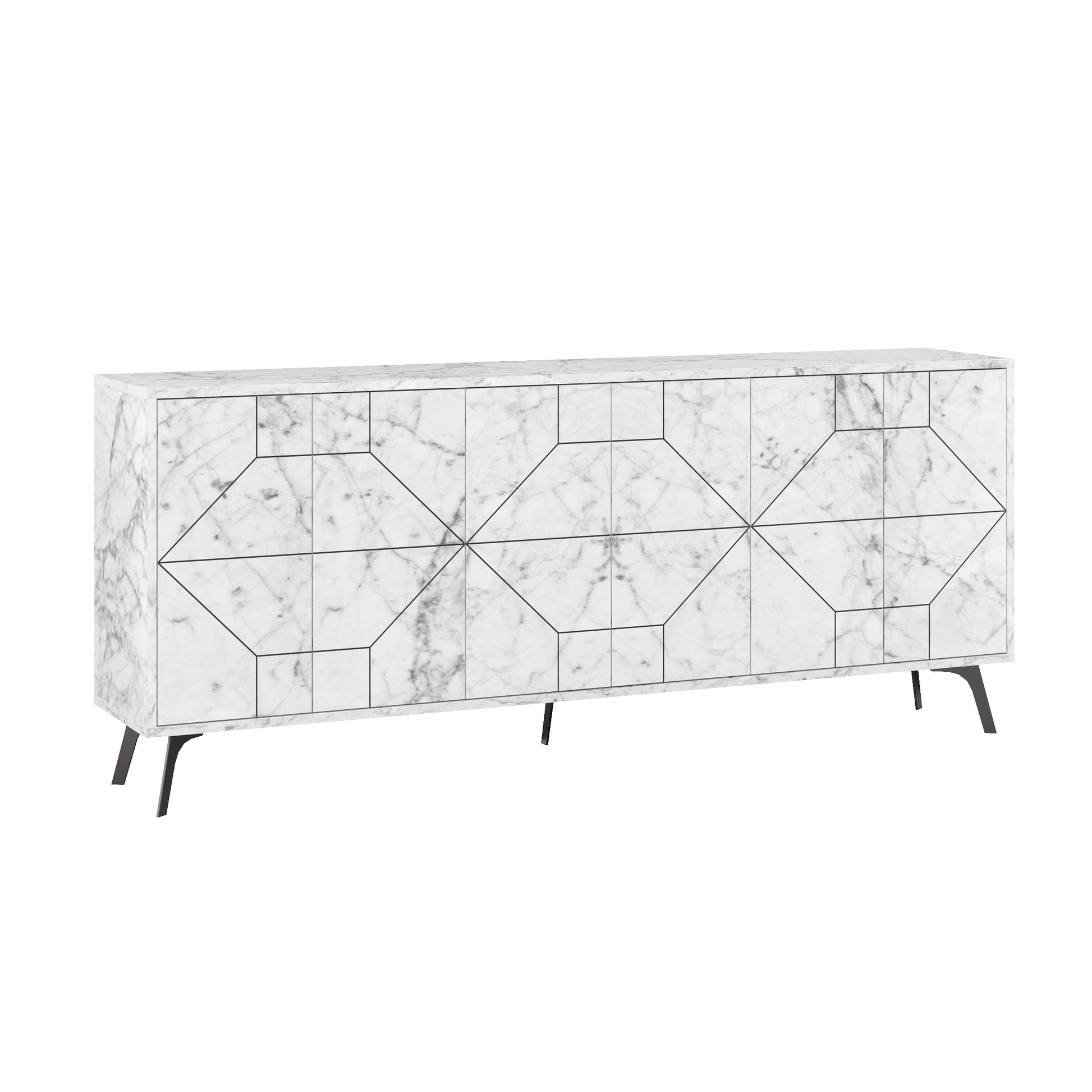 Modern sideboard cabinet with metal legs and geometric doors, ideal for stylish storage in living or dining rooms