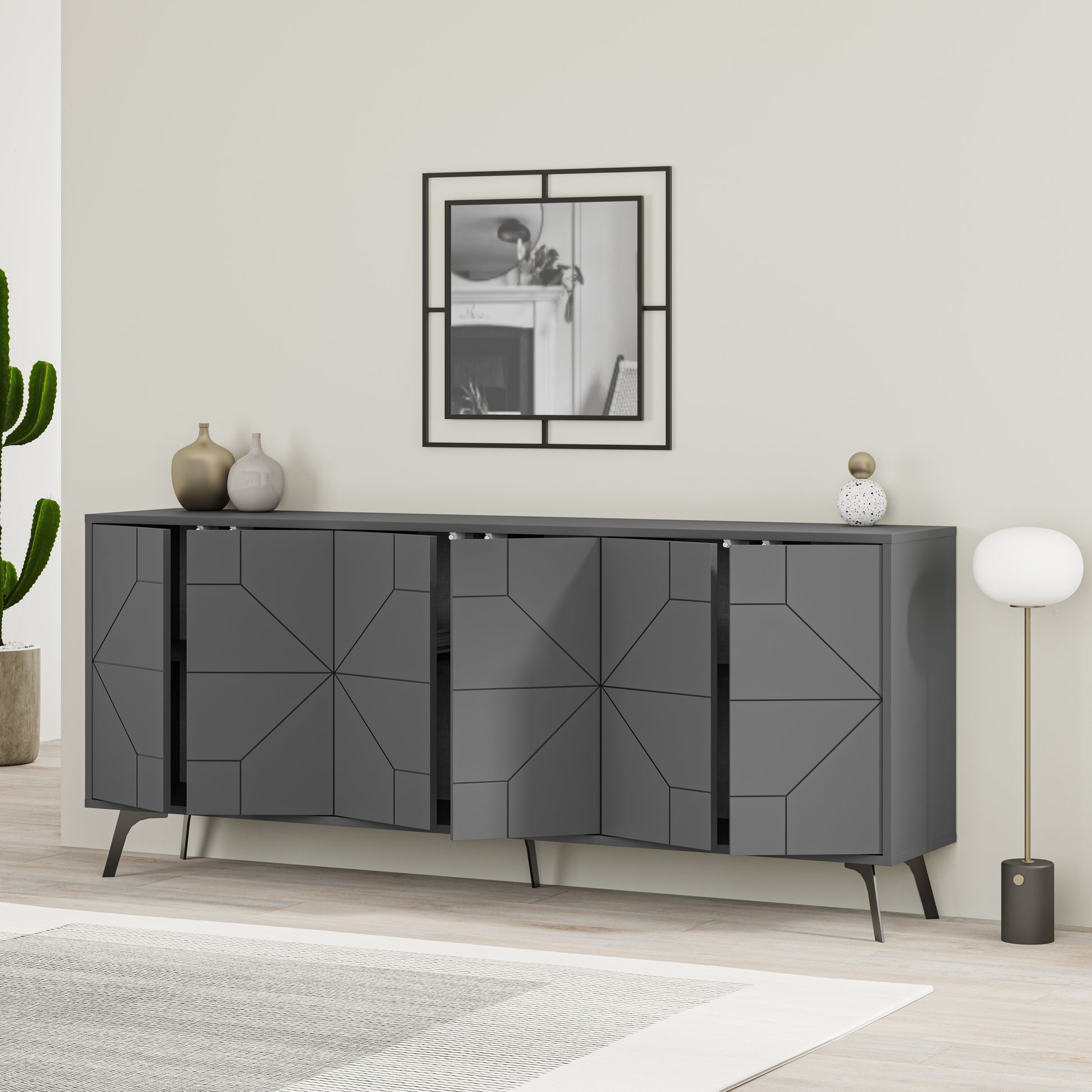 Modern sideboard cabinet with metal legs and geometric doors, ideal for stylish storage in living or dining rooms