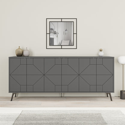 Modern sideboard cabinet with metal legs and geometric doors, ideal for stylish storage in living or dining rooms