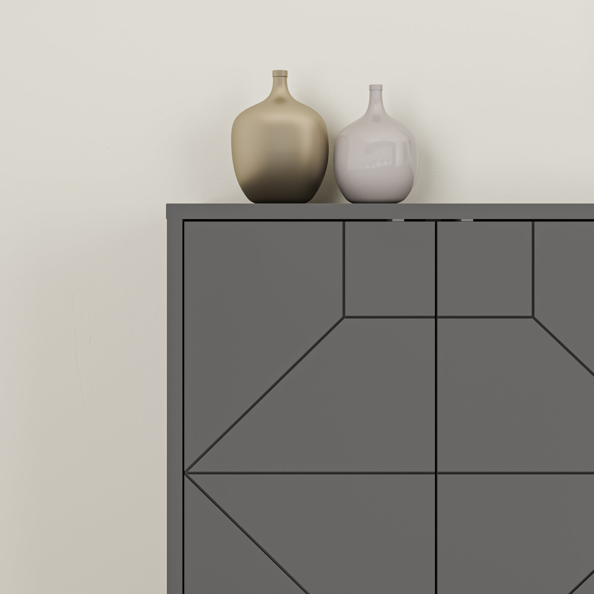 Modern sideboard cabinet with metal legs and geometric doors, ideal for stylish storage in living or dining rooms