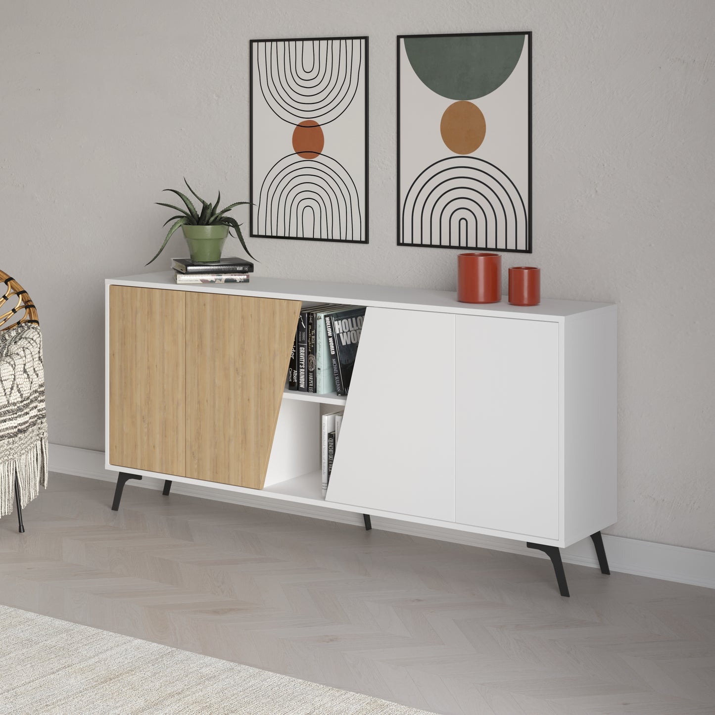 180 cm wide sideboard with white and oak finish, ideal for modern living room or dining room storage