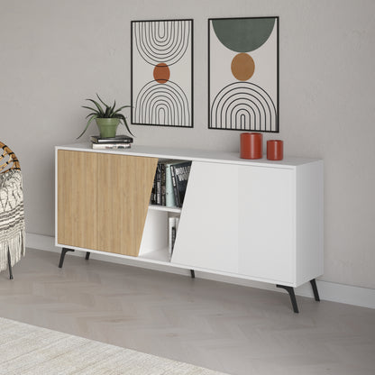 180 cm wide sideboard with white and oak finish, ideal for modern living room or dining room storage