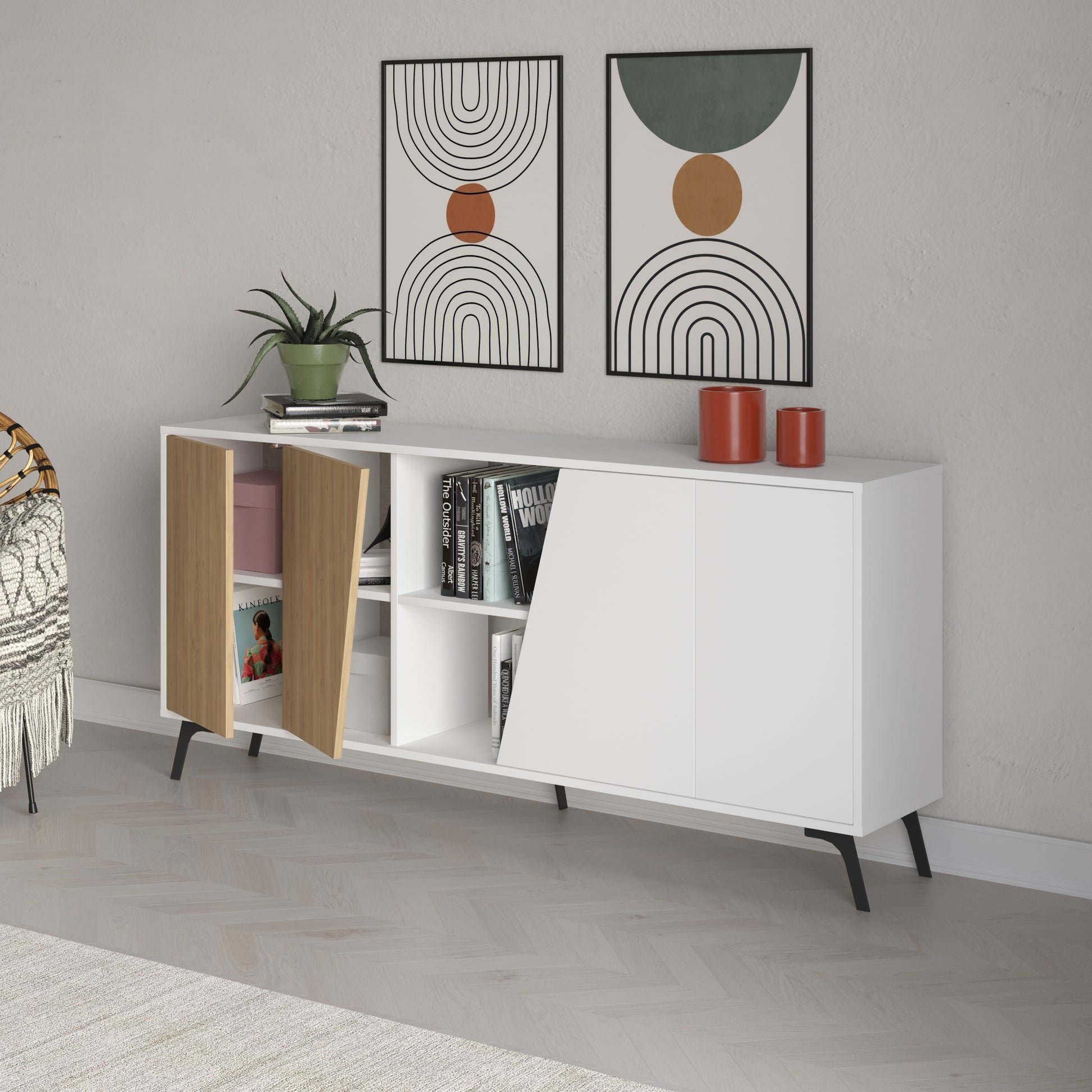 180 cm wide sideboard with white and oak finish, ideal for modern living room or dining room storage
