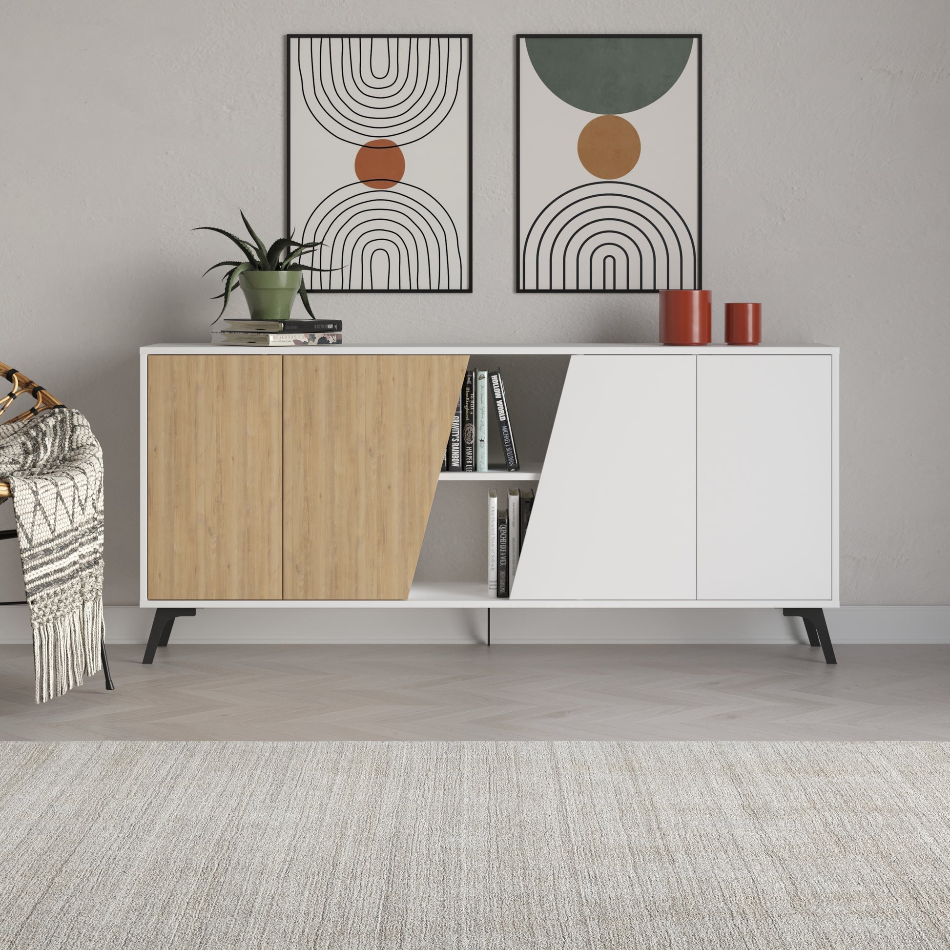 180 cm wide sideboard with white and oak finish, ideal for modern living room or dining room storage