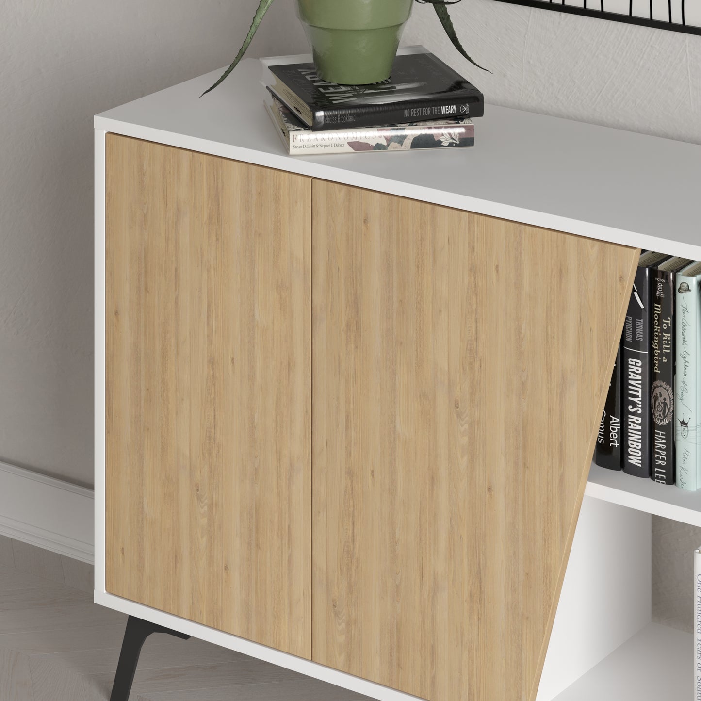 180 cm wide sideboard with white and oak finish, ideal for modern living room or dining room storage
