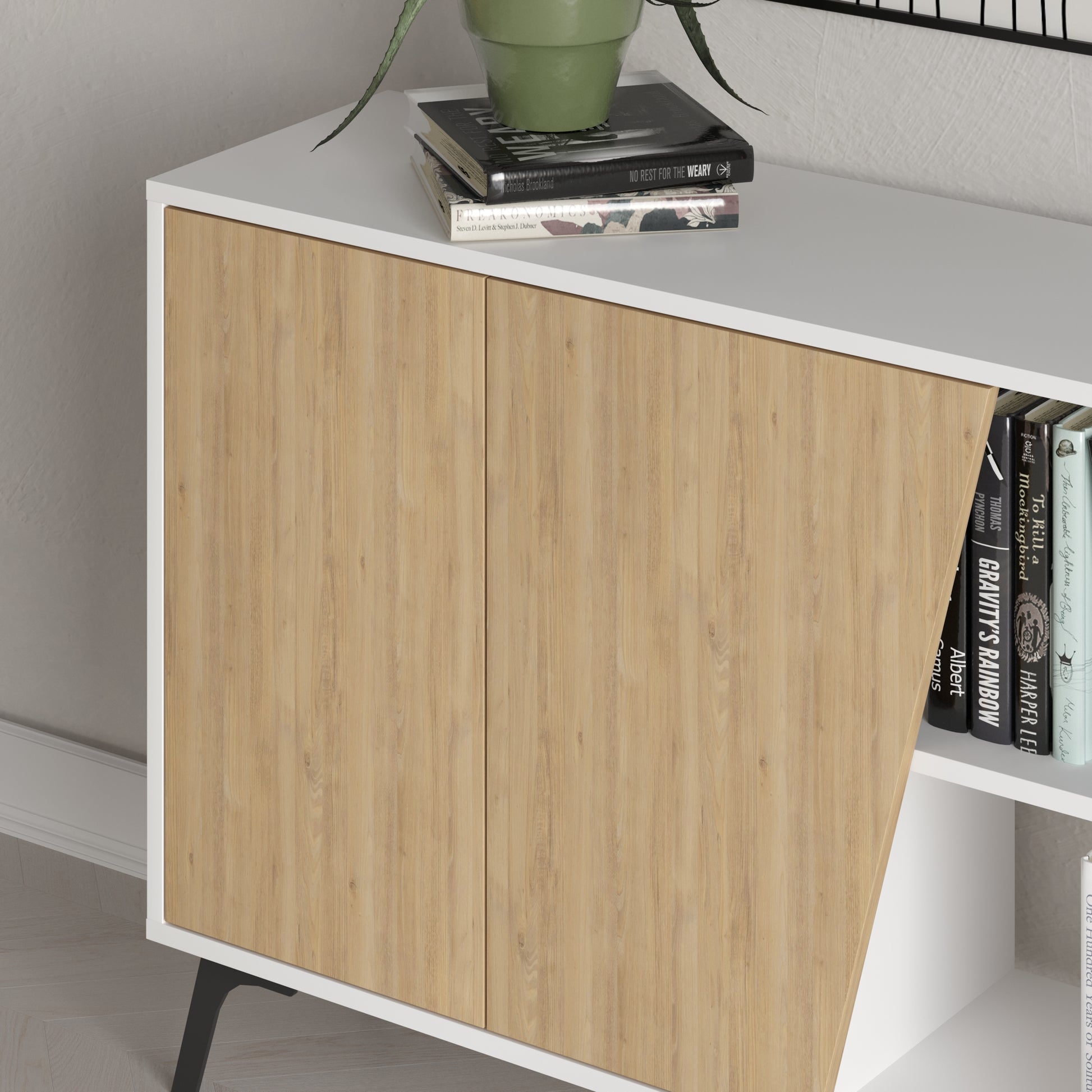 180 cm wide sideboard with white and oak finish, ideal for modern living room or dining room storage