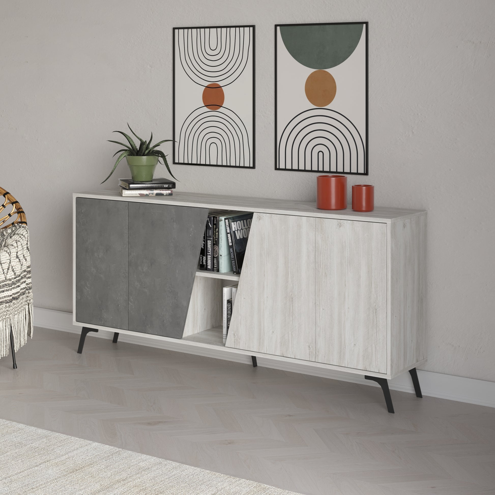 180 cm wide sideboard with retro grey and ancient white finish, ideal for modern living room or dining room storage