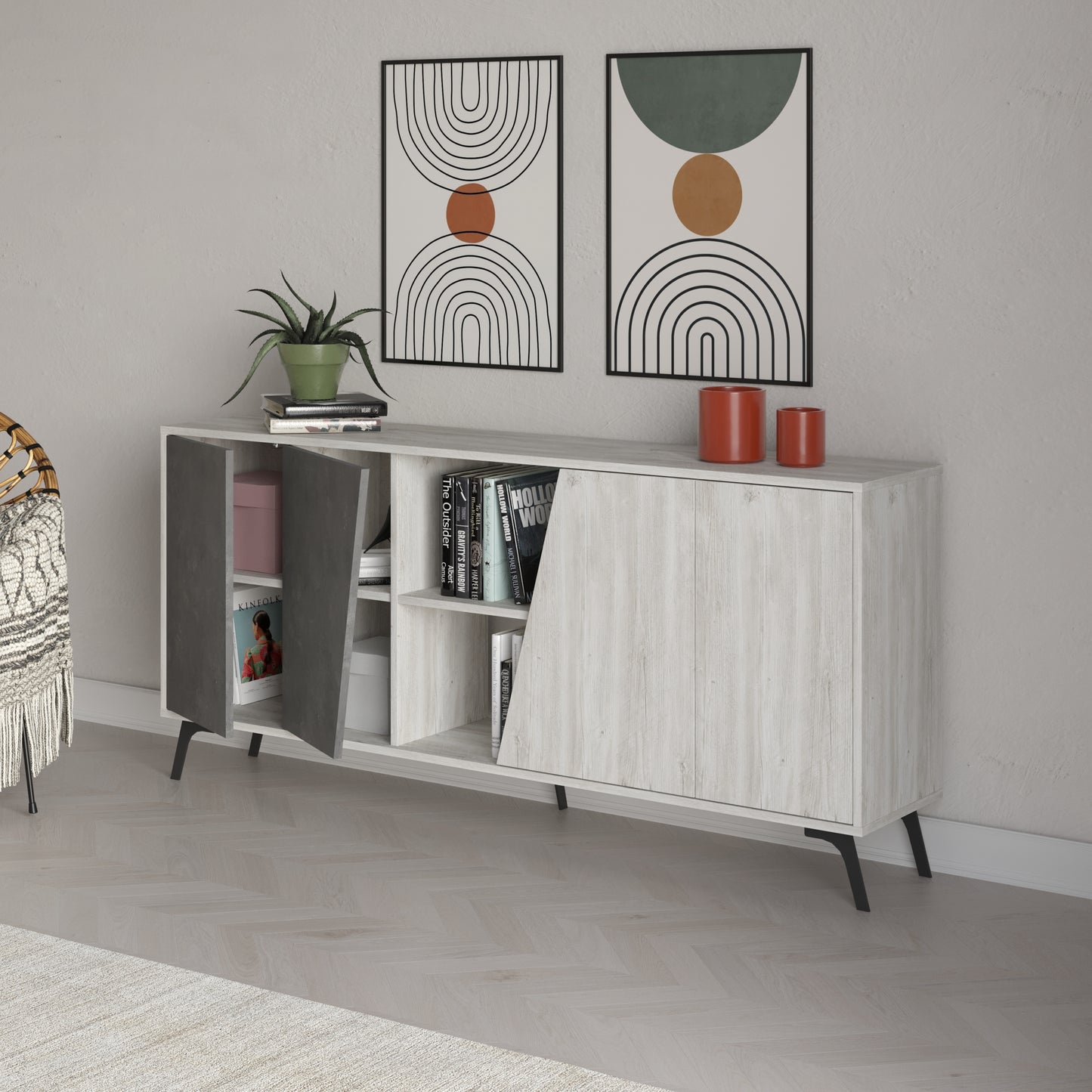 180 cm wide sideboard with retro grey and ancient white finish, ideal for modern living room or dining room storage